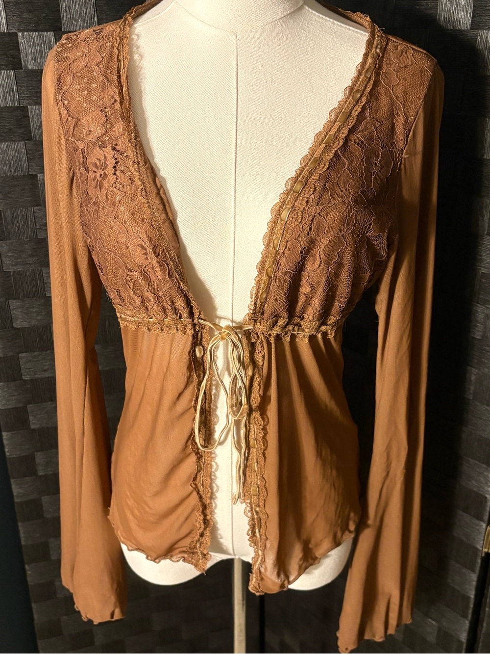 Y2k Style Boho Brown Sheer Lace Fairycore Tie Front Top Bell Sleeves